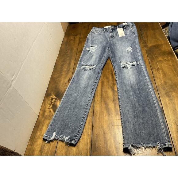 Judy Blue Jeans Womens 9/29 Distressed Straight Fit Mid Rise Raw Hem NWT - Picture 1 of 10